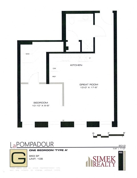 Floor plan for 1 bed, 1 bath, 653 sqft